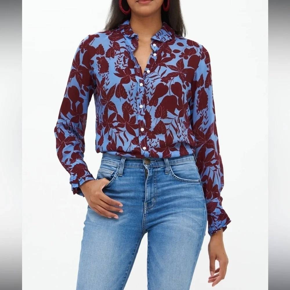 Oliphant Ruffle Collar Blouse Silk Button Down Floral Willow Rhubarb Size XXL